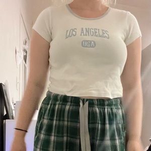 Brandy Melville/John Galt Blue and White Los Angeles Babydoll Crop Tee One Size
